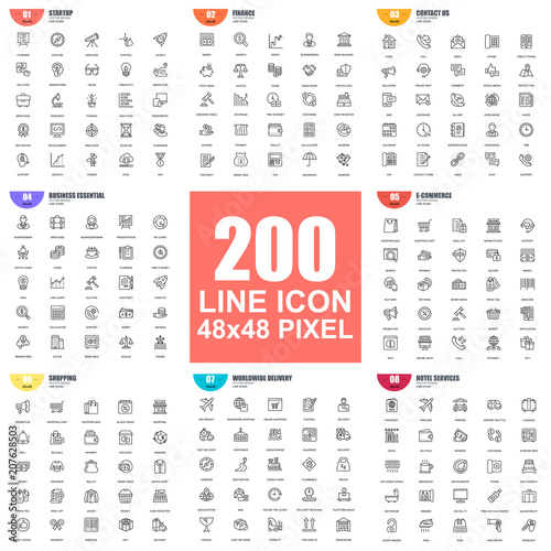 Simple set of vector thin line icons. Linear pictogram pack. 48x48 Pixel Perfect.