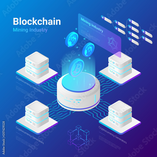 Isometric Bitcoin Miners vector. Mining Industry Cryptocurrency
