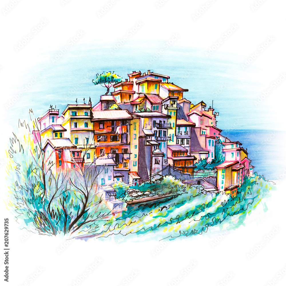 Picturesque view of colorful houses in Corniglia fishing village in Five lands, Cinque Terre National Park, Liguria, Italy. Picture made markers
