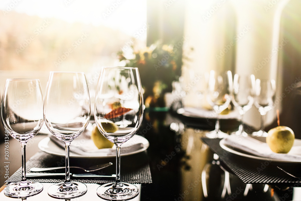Table set for an event party or wedding reception Table set for an event party or wedding reception