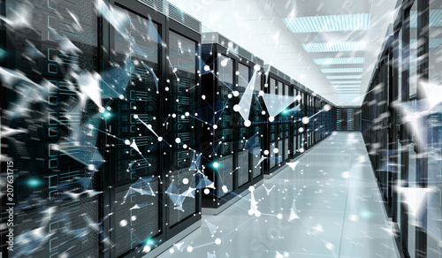 Fototapeta Naklejka Na Ścianę i Meble -  Server room center exchanging cyber datas 3D rendering