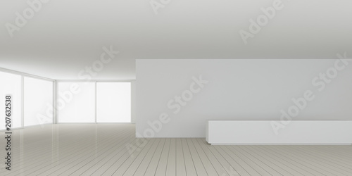 3D rendering of white room space with interior lighting and sun light cast the window shadow on the wall and plank wood floor Perspective of minimal design architecture 