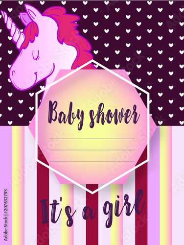 Cute baby background with a unicorn on a gradient pattern with stripes and hearts. Baby shower vector