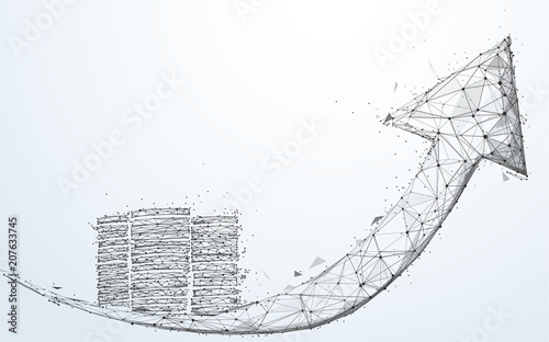 Arrow and coins growth chart, business success concept. Abstract form lines and triangles, point style design. Illustration vector
