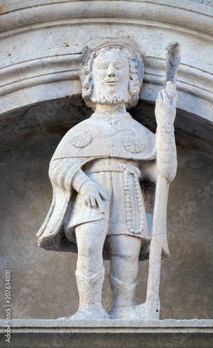Statue of St. Roch on the St Mark s Cathedral in the historic city Korcula at the island Korcula in Croatia on November 09  2016.
