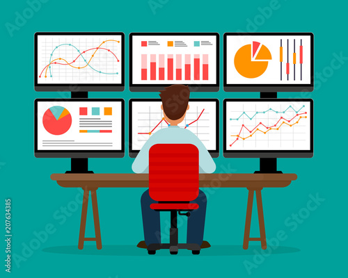 Data analysis. Analytics. Businessman sitting and monitoring statistics on many computer screens. Vector illustration in flat style. EPS10.