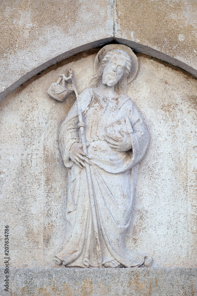Jesus the Good Shepherd relief on the St Mark s Cathedral in the historic city Korcula at the island Korcula in Croatia 