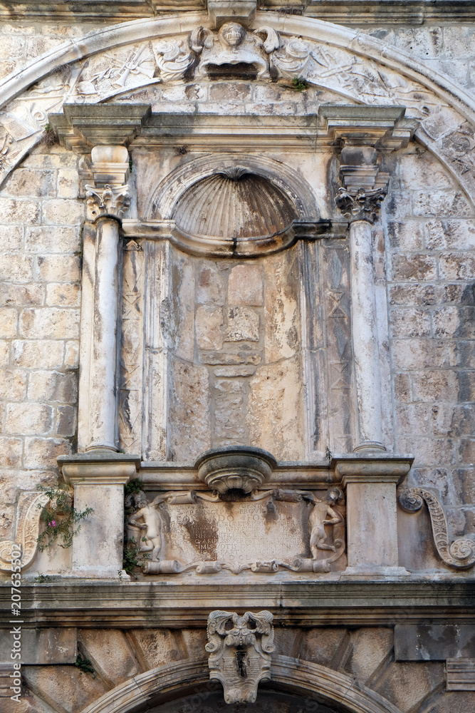 Detail of decoration at house built in Renaissance age in Korcula old town, Croatia. Korcula is a historic fortified town on the island of Korcula.