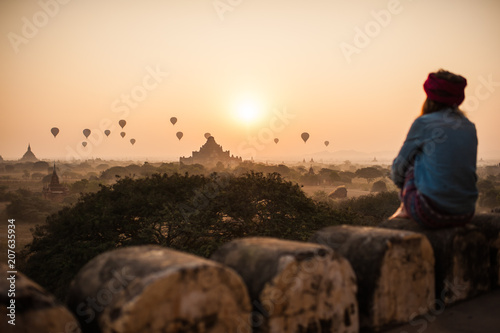 Beautiful sunrise with hot air balloons in Bagan Myanmar