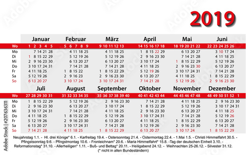 Kalender 2019 Visitenkartenformat Vorlage rot