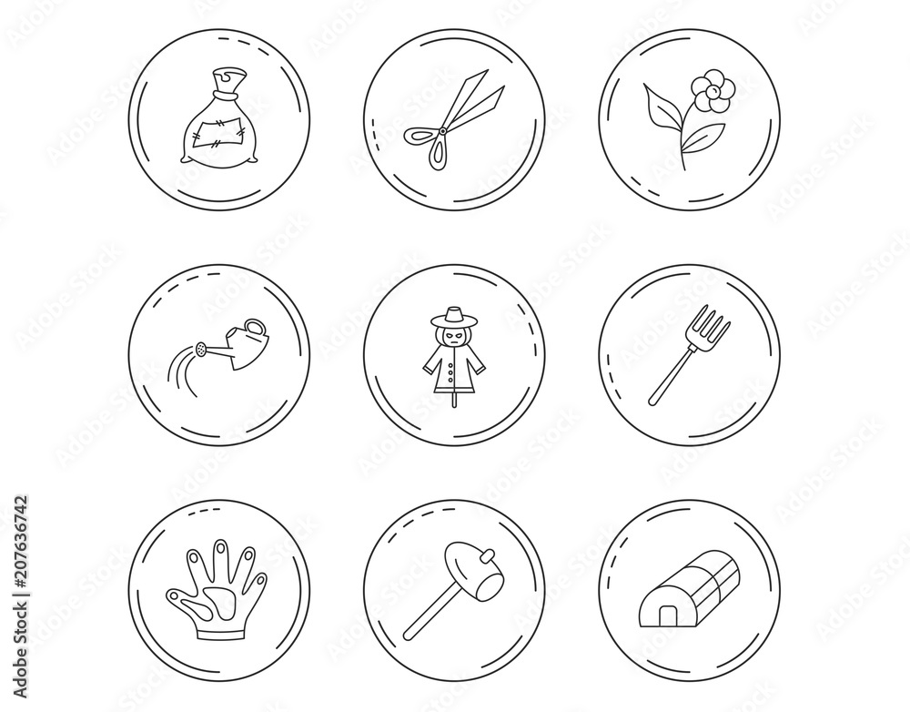 Fototapeta premium Hammer, hothouse and watering can icons.