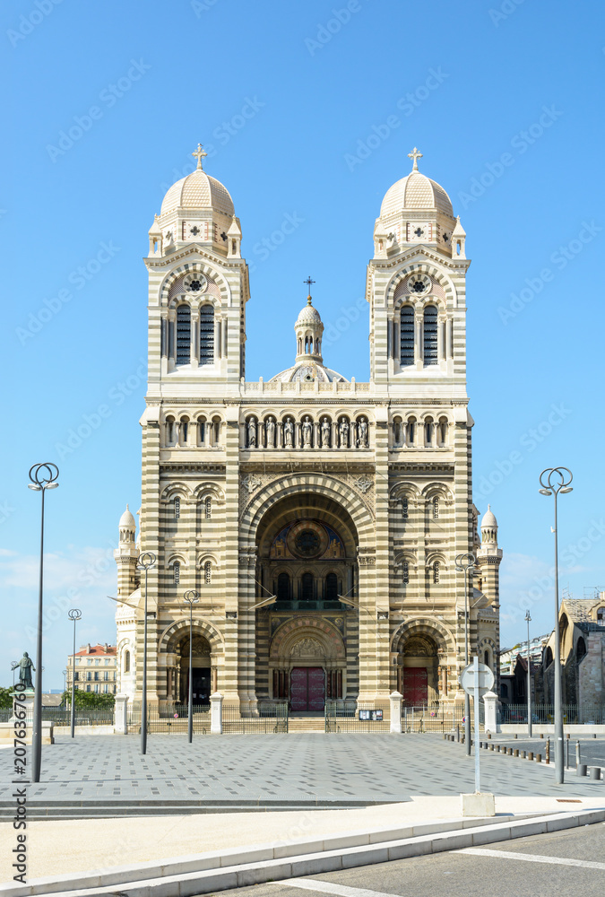Front view of the cathedral of Sainte-Marie-Majeure, also known as La Major, the byzantine-inspired catholic cathedral of Marseille, France, achieved in 1893 in the district of La Joliette.