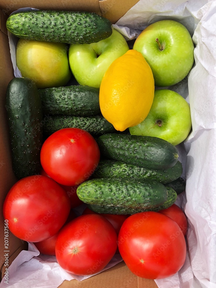 Seasonal fruits and vegetables in a box Seasonal fruits and vegetables in a box
