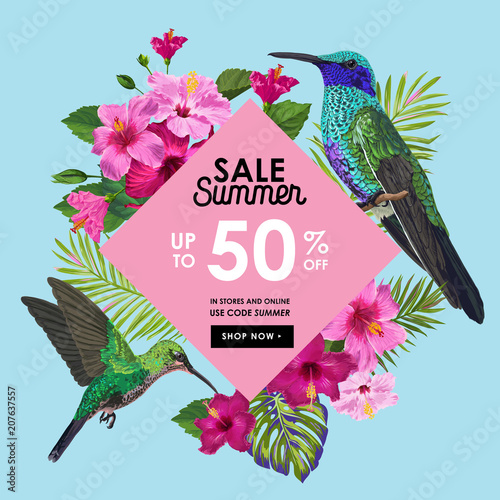 Summer Sale Banner with Tropical Flowers, Palm Leaves and Humming Birds. Floral Template for Promo, Discount Flyer, Voucher, Advertising. Vector illustration
