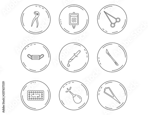 Medical mask, blood and dental pliers icons.