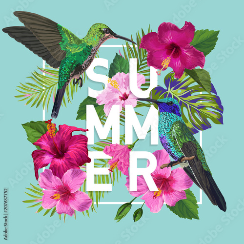 Tropical Summer Floral Poster with Hummingbird. Summertime Design with Hibiscus Flowers and Birds. Sale Banner with Palm Leaves. Vector illustration