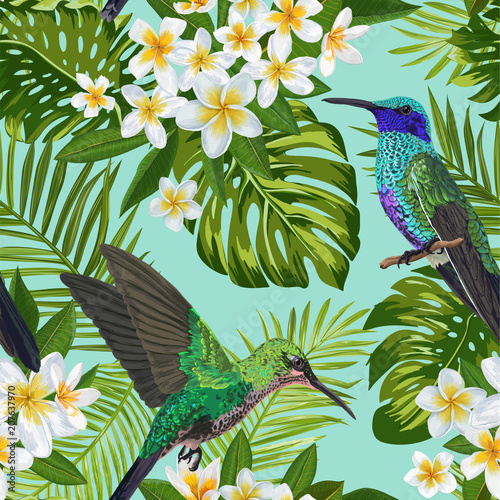 Floral Tropical Seamless Pattern with Exotic Flowers and Humming Bird. Blooming Plumeria Flowers, Birds and Monstera Leaves Background for Fabric, Wallpaper, Textile. Vector illustration