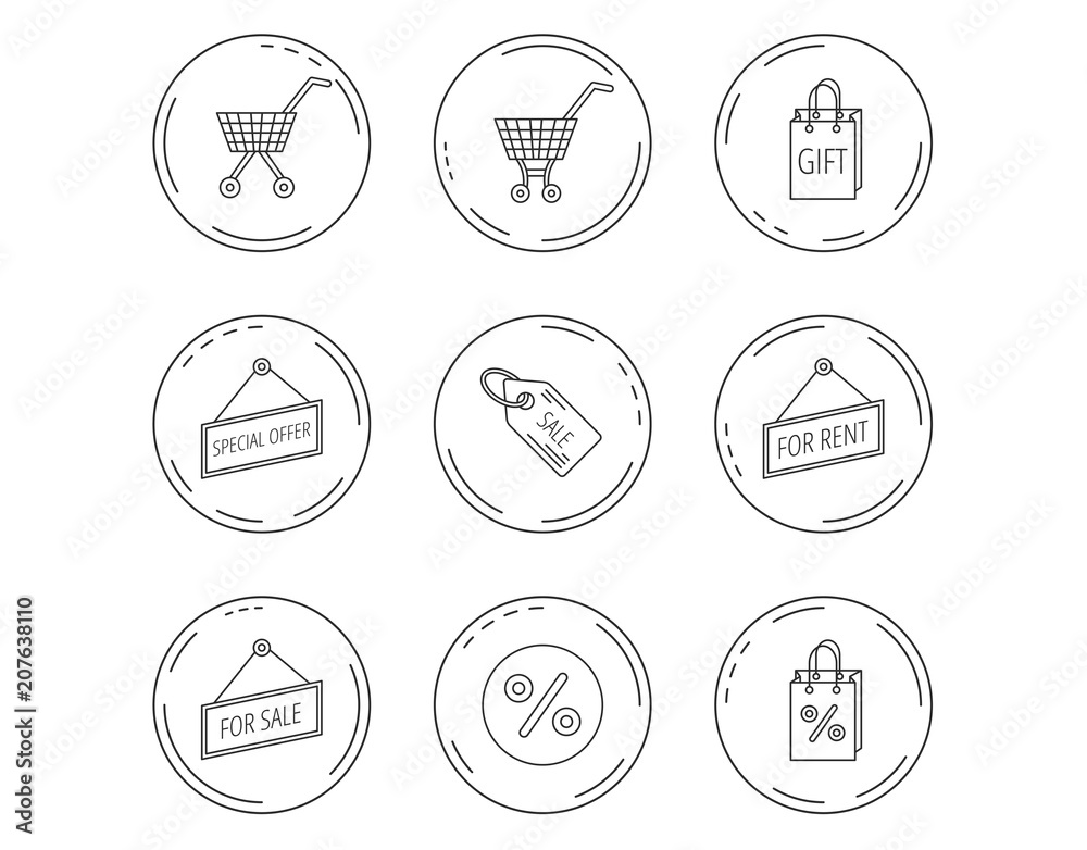 Shopping cart, gift bag and sale coupon icons. Shopping cart, gift bag and sale coupon icons.