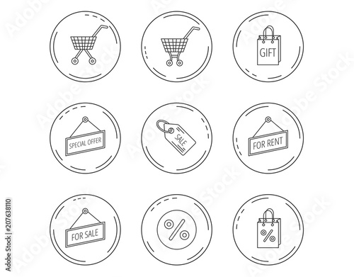 Shopping cart, gift bag and sale coupon icons.