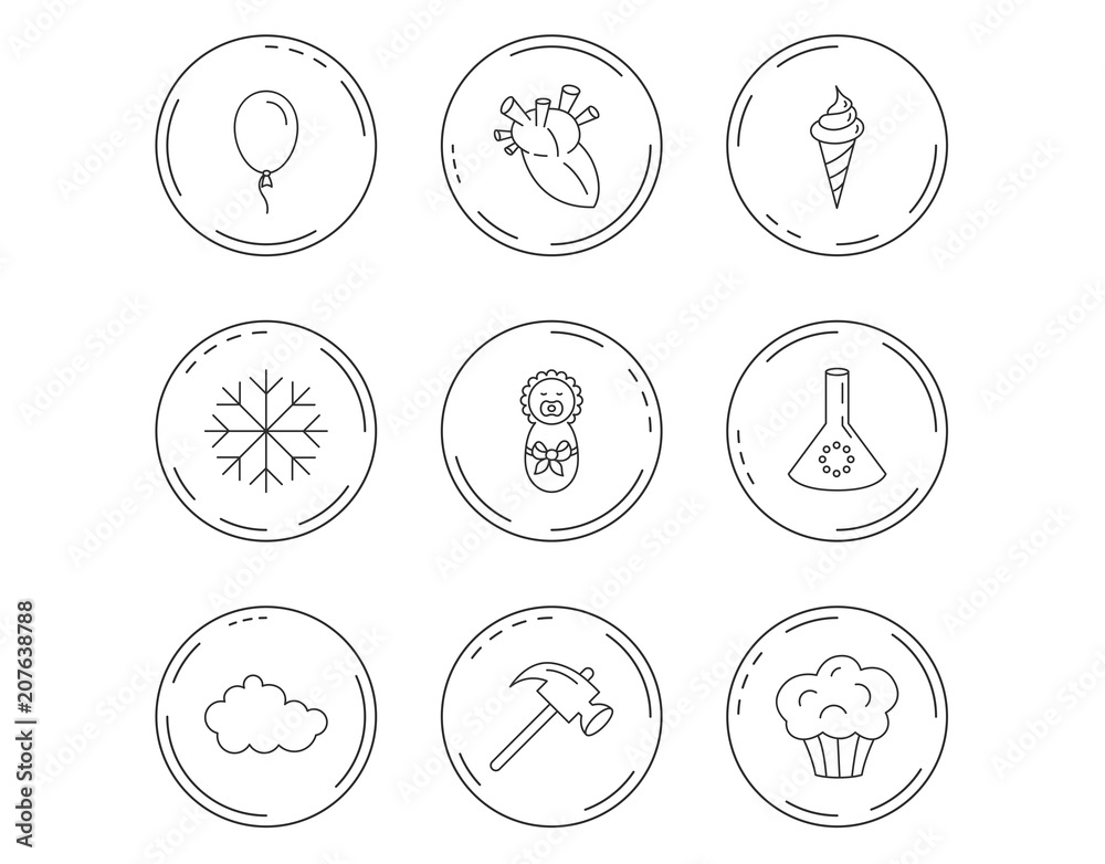 Newborn, heart and lab bulb icons. Ice cream. Newborn, heart and lab bulb icons. Ice cream.