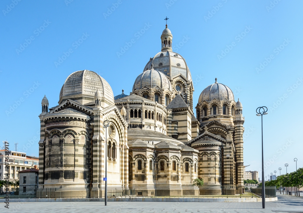 Rear view of the cathedral of Marseille, Sainte-Marie-Majeure also known as La Major, a neo-byzantine style building achieved in 1893 in La Joliette district, showing cupolas, chapels and turrets.