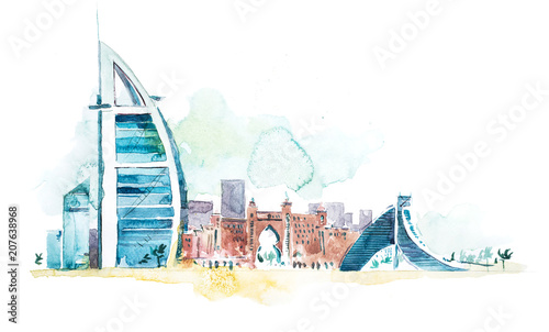 Skyline of Dubai Cityscape landmark skyline. Watercolor illustration photo