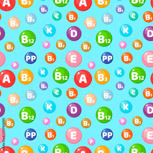 Seamless pattern with round colored vitamins. Background with trace elements for use in medicine and health.