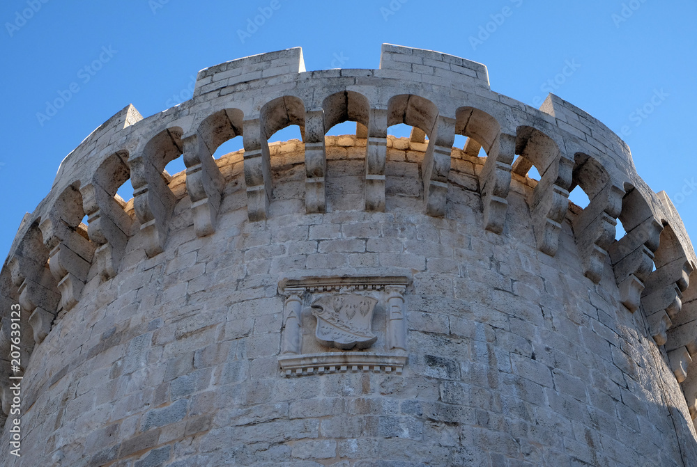 One of the towers in the ancient city wall of the historic city Korcula at the island Korcula in Croatia.