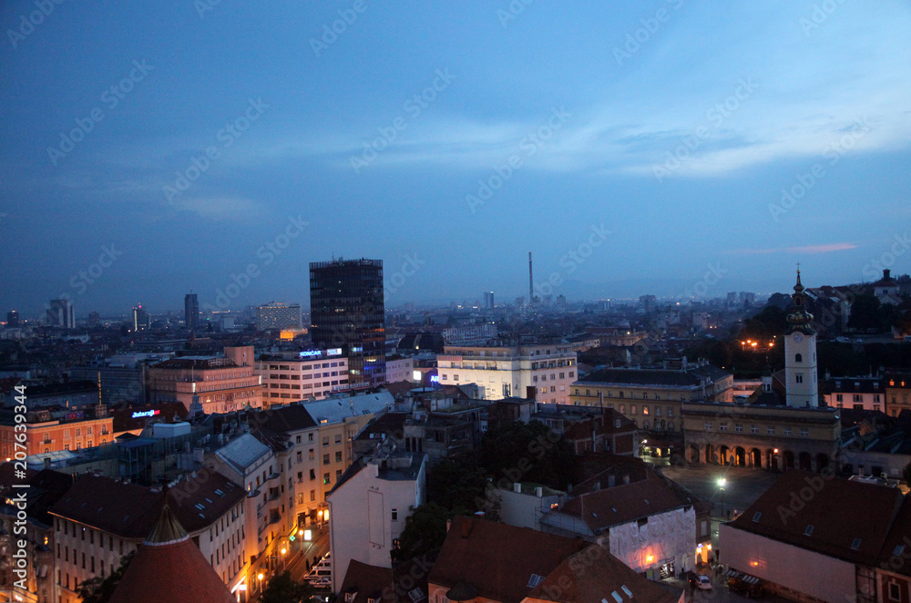 Sunset skyline.View from cathedral to downtown, Zagreb, Croatia 