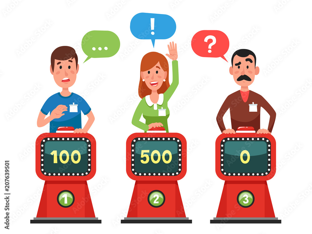 Naklejka premium Characters answer test question on intellect show. Pressing button and answering quiz questions. Game competition vector illustration