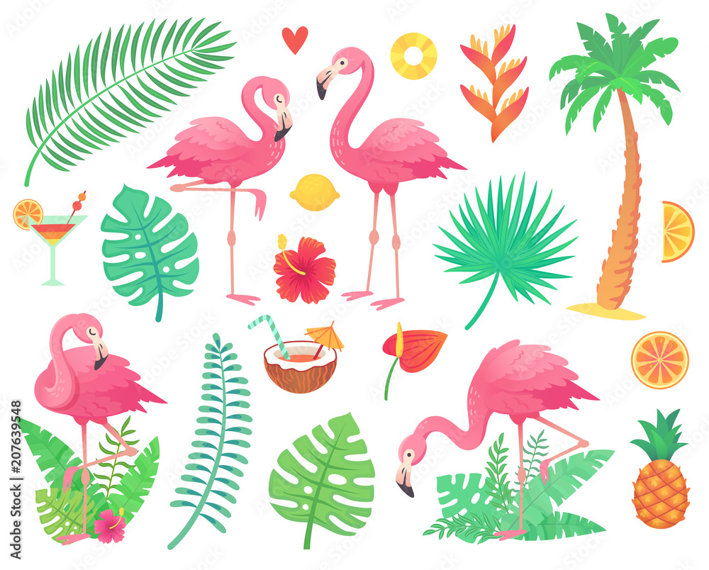 Pink flamingo and tropical plants. Beach palm, african plant leafs, rainforest flower, tropic palms leaf and rosy flamingos vector set - obrazy, fototapety, plakaty 