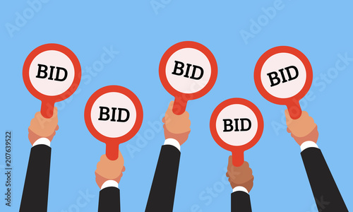 Buyers hands raising auction bid paddles with numbers of competitive price. Auction business bidders raise hand vector concept