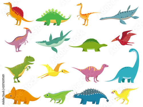 Fototapeta Naklejka Na Ścianę i Meble -  Adorable smiling dinosaurs. Cute baby stegosaurus dinosaur. Prehistoric cartoon animals of jurassic era isolated vector set