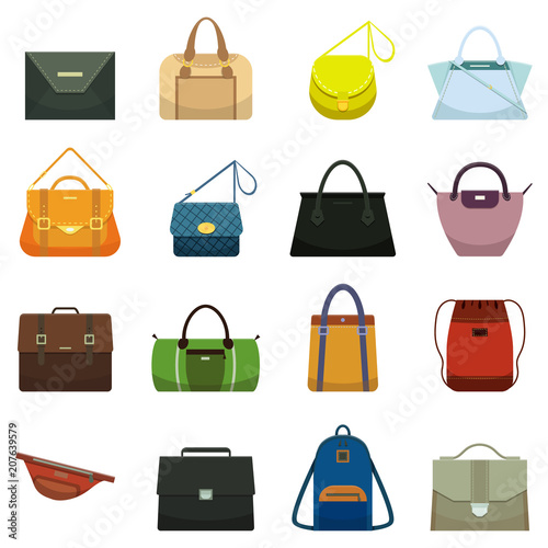 Female leather handbags and male accessory. Colorful handbag accessories, beauty bags and purse model collection vector