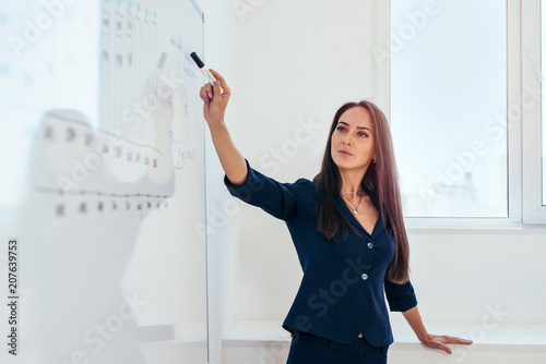 Business woman pointing to a whiteboard showing presentation