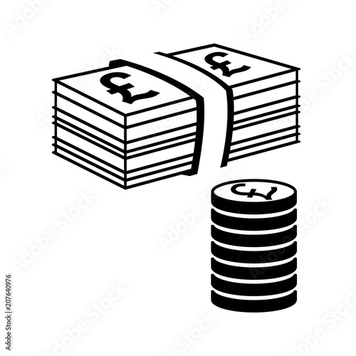 Money icon. Stack of coins and pile of bills with pound signs. Vector Illustration