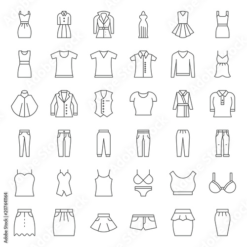 Female clothes, bag, shoes and accessories fashion, thin outline icon set  1 photo