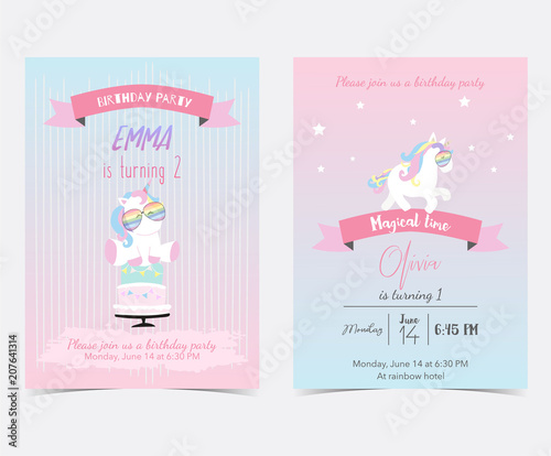 Hand drawn pink blue card and label with sleep unicorn,rainbow,star,cake,glasses