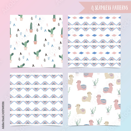 Geometric seamless pattern in boho style with llama and cactus