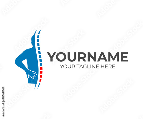 Pain in back and small of the back, a man holds on to his back in pain, logo template. Health, healthcare and medical, vector design, illustration
