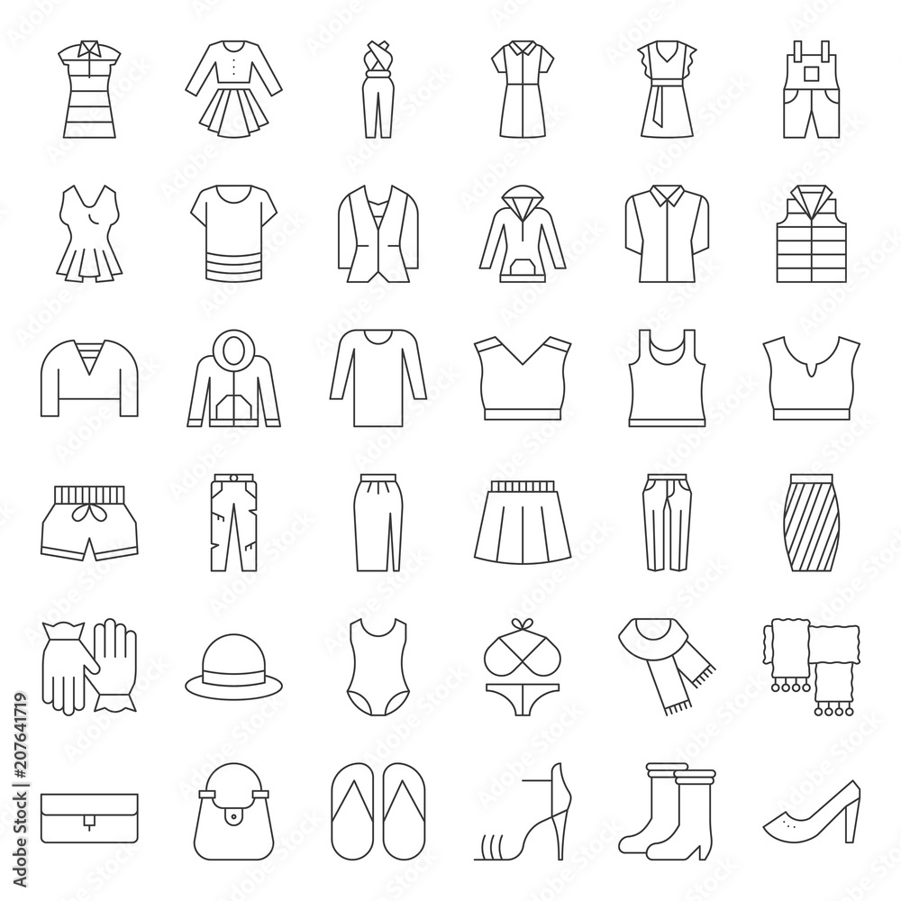 Female clothes, bag, shoes and accessories thin outline icon set 2 Female clothes, bag, shoes and accessories thin outline icon set 2
