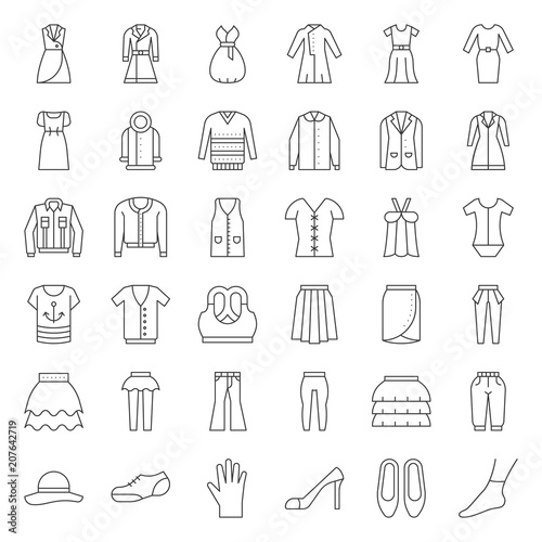 Female clothes, bag, shoes and accessories thin outline icon set 3