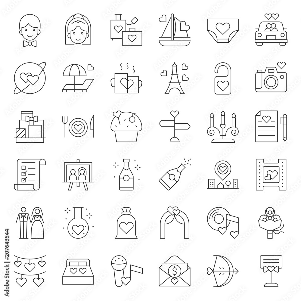 Valentine, Wedding and honeymoon icon set, thin line icon Valentine, Wedding and honeymoon icon set, thin line icon