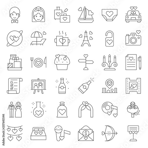 Valentine, Wedding and honeymoon icon set, thin line icon