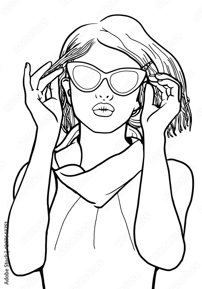 Beautiful young woman in sunglasses. Summer fashion. Drawing. Circuit.  Graphic arts. Art coloring pages. Stock Illustration | Adobe Stock