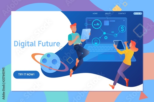 Creative website template design of Digital future. Young people using mobile gadgets for social networks, news and sharing.