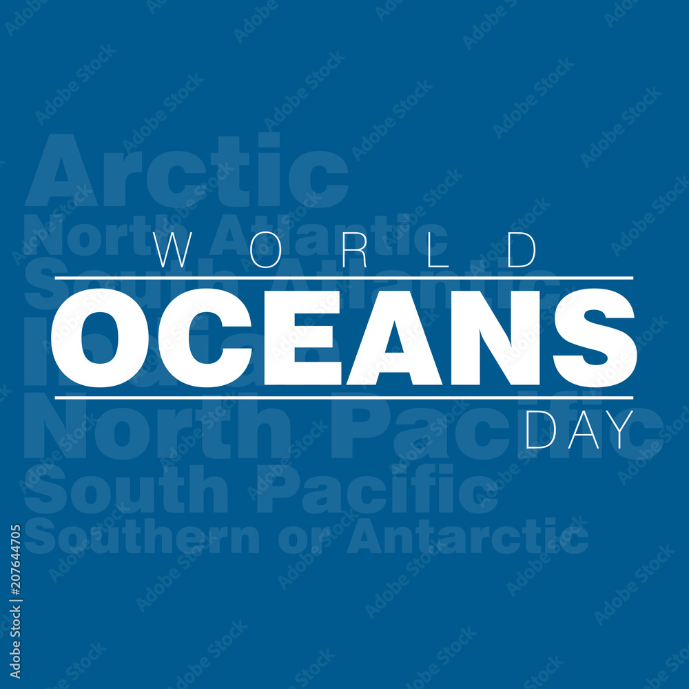 An abstract illustration for World Oceans day with the names of the five oceans