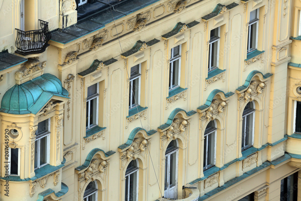 Facade of the old city buildings on Ban Jelacic Square in Zagreb, Croatia 