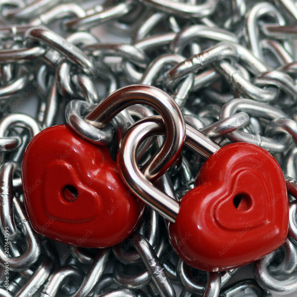 Red heart shape lock and chain. Romantic padlock. Red heart shape lock and chain. Romantic padlock.