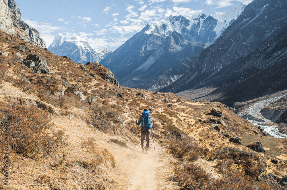Hiker in Nepal mountains